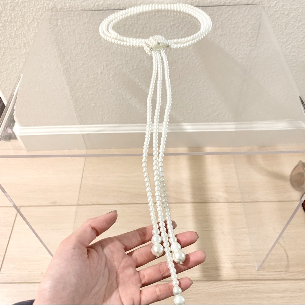 🐚 Triple Strand Glass Pearl Crystals Lariat Choker Statement Necklace - Picture 7 of 7